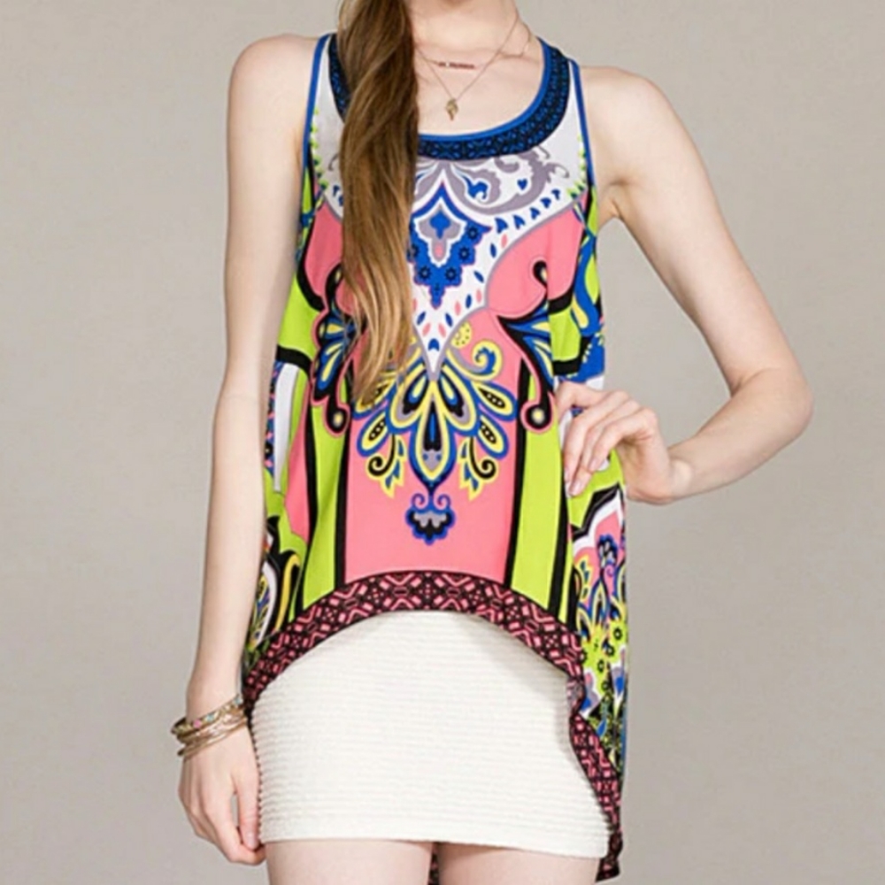 Flying Tomato Hi Lo Sleeveless Tank Top Boho Gypsy Tunic Large Bright Colors